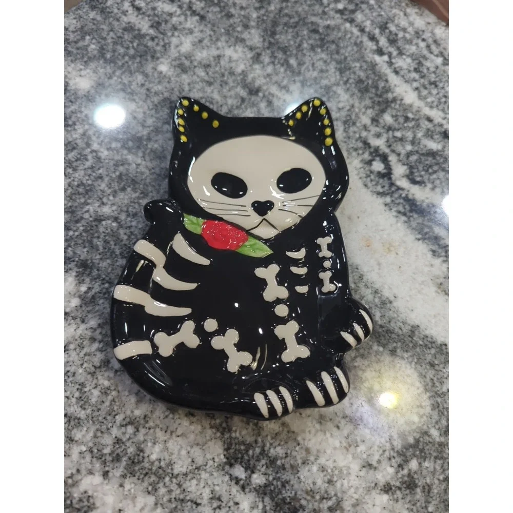 Cracker Barrel Spoon Rest Day Of The Dead Halloween Skull Cat Kitty Trinket Dish